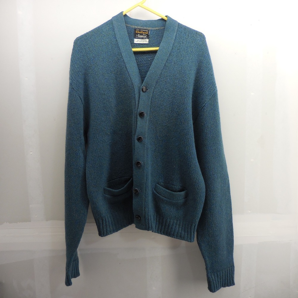 Vintage Campus Shetland Wool Cardigan Sweater Mens Blue 60s 70s USA 100% Wool